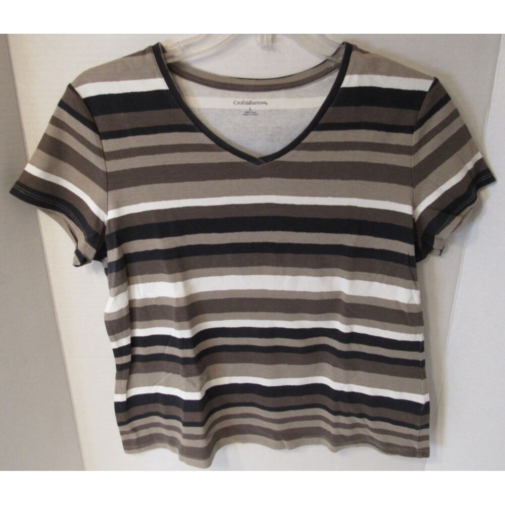 Croft & Barrow Brown White Black Stripe Short Sleeve T Shirt Womens V Neck Large